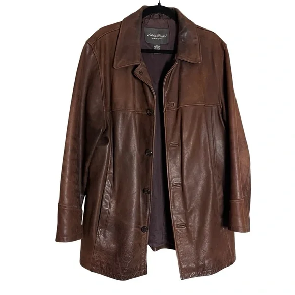 Vintage 90’s Eddie Bauer Men's Brown Oversized Leather Distressed Jacket — M - Picture 2 of 14